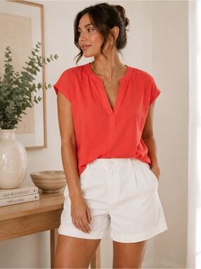 77. Halogen • NWT $70 USD Coral Short-Sleeve V-Neck Blouse PTP 20”